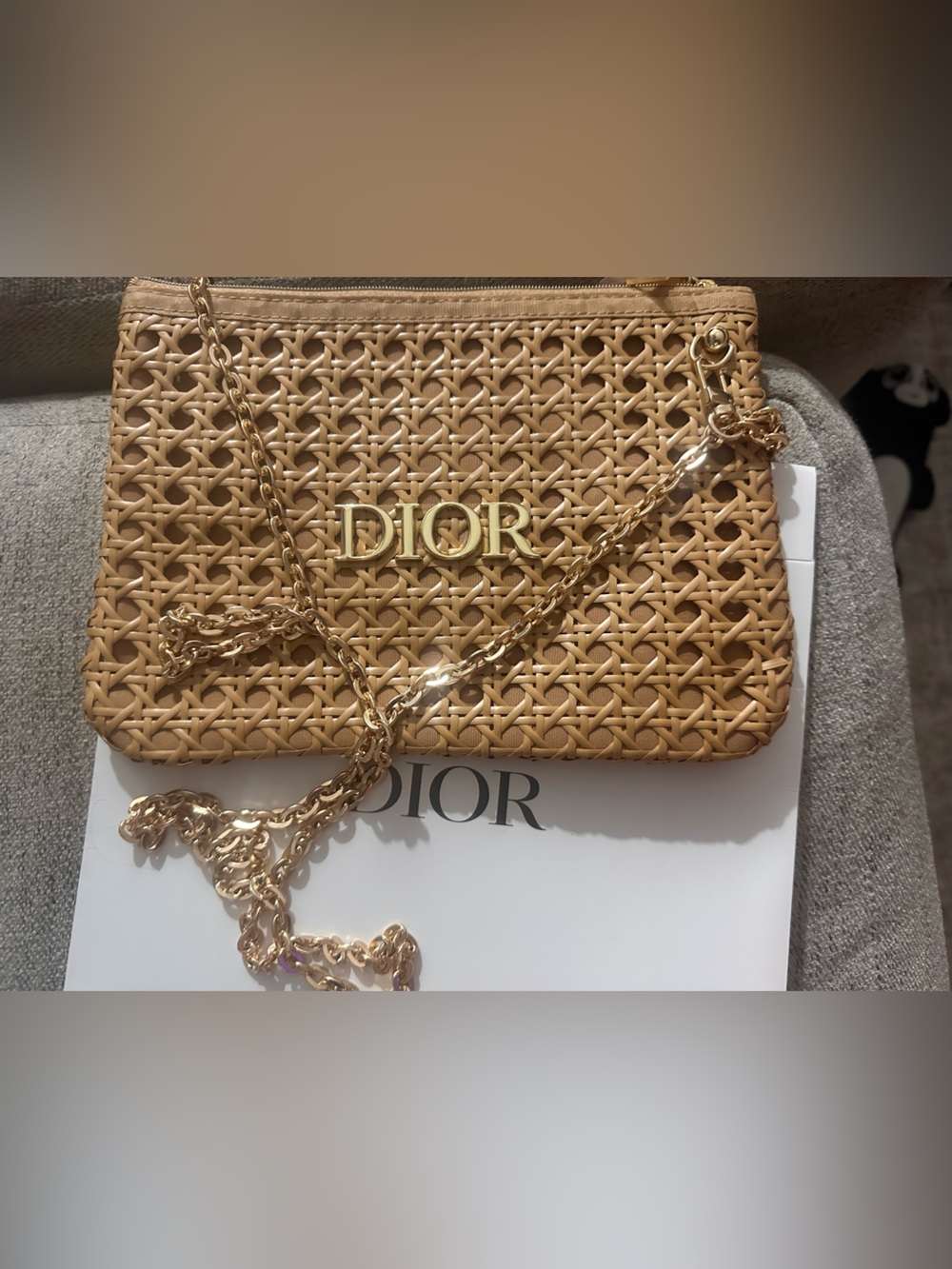 Dior GWP Beige Woven Crossbody Bag with Gold Chain